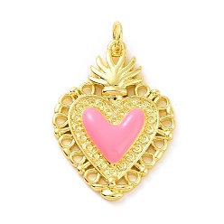 Pink Rack Plating Brass Enamel Pendants, with Jump Ring, Long-Lasting Plated, Real 18K Gold Plated, Cadmium Free & Lead Free, Sacred Heart Charm, Pink, 28x20x3mm, Jump Ring: 5x0.8mm, Inner Diameter: 3mm