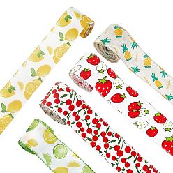 Mixed Color 5 Colors Polyester Ribbon, Single Face Fruits Paragraph Pattern, for Gift Wrapping, Floral Bows Crafts Decoration, Mixed Color, 2-1/2 inch(63mm), about 6yards/roll(5.48m/roll), 5rolls/set