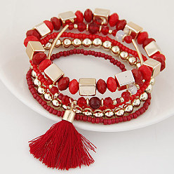 Red Bohemian Style Handmade Multilayer Bracelet with Beads and Tassels