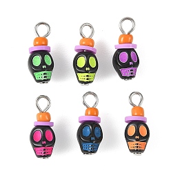 Platinum Opaque Acrylic & Handmade Polymer Clay Pendants, Skull Charms, Mixed Color, Platinum, 19x7.5x8mm, Hole: 3mm