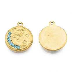 Real 18K Gold Plated 304 Stainless Steel Pendants, with Aquamarine Rhinestone, Flat Round with Moon & Planet, Real 18K Gold Plated, 16.5x14x2mm, Hole: 1.4mm