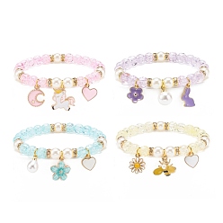Mixed Color Acrylic Imitation Pearl Stretch Bracelet with Alloy Enamel Charms for Women, Mixed Color, Inner Diameter: 2-1/4 inch(5.6cm)