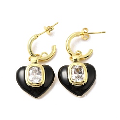 Black Enamel Heart Dangle Stud Earrings with Clear Cubic Zirconia, Real 18K Gold Plated Brass Jewelry for Valentine's Day, Black, 32.5mm, Pin: 0.7mm