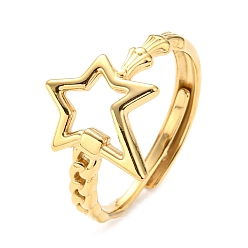 Real 14K Gold Plated 304 Stainless Steel Adjustable Ring for Women, Hollow Star, Real 14K Gold Plated, Inner Diameter: 18mm