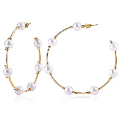 Golden Shell Pearl Beaded Big Circle Stud Earrings, Alloy Half Hoop Earrings for Women, Golden, 65mm, Pin: 0.8mm