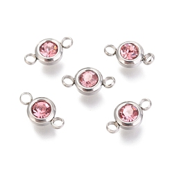 Light Rose 304 Stainless Steel Rhinestone Links Connectors, Flat Round, Stainless Steel Color, Light Rose, 12x6.5x4mm, Hole: 2mm
