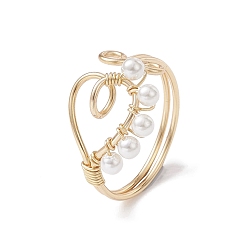 Light Gold Copper Wire Wrapped Natural Cultured Freshwater Pearl Open Ring, Heart Cuff Finger Ring for Women, Light Gold, 2~14.5mm, Inner Diameter: 19mm