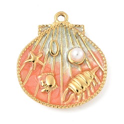 Оранжевый 304 нержавеющей стальной эмали подвески, с ABS имитации жемчуга, шарм в форме ракушки, реальный 18 k позолоченный, оранжевые, 29x25.5x5 мм, отверстие : 1.8 мм