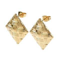 Real 18K Gold Plated Ion Plating(IP) 201 Stainless Steel Stud Earrings, with 304 Stainless Steel Pins, Textured Rhombus, Real 18K Gold Plated, 24x19mm
