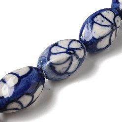 Midnight Blue Handmade Porcelain Beads, Oval with Flower, Midnight Blue, 18~19x12~13.5mm, Hole: 1.6mm