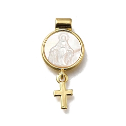 Goddess Латунный паве натуральный белый ракушка плоский круглый с крестообразными подвесками, реальный 18 k позолоченный, без кадмия и без свинца, стойки покрытие, долговечный, богиня, 25.5x12x3 мм, отверстие : 2 мм