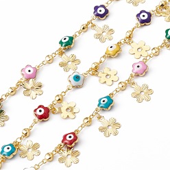 Colorful Handmade Eco-friendly Brass Enamel Flower with Evil Eye Link Chain, with Flower Charms, Real 18K Gold Plated, Lead Free & Cadmium Free, Soldered, with Spool, Colorful, 12x8x4mm, 8x3.5x3.5mm