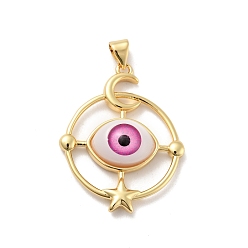 Hot Pink Opaque Resin Pendants, with Real 18K Gold Plated Tone Brass Findings, Ring with Horse Eye Charm, Cadmium Free & Nickel Free & Lead Free, Hot Pink, 33x26x7mm, Hole: 3x4.3mm