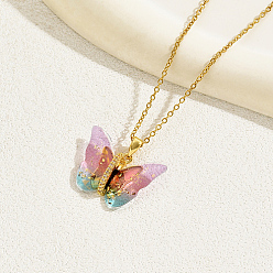 Pink Plastic Butterfly Pendant Necklace with Golden Stainless Steel Chains, Pink, 13.78 inch(35cm)