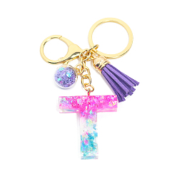 Letter T Resin Keychains, Tassel Keychain, Glass Ball Keychain, with Light Gold Tone Plated Iron Findings, Alphabet, Letter.T, 11.2x1.2~5.7cm