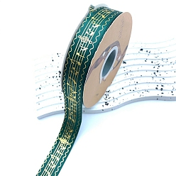 Dark Green 48 Yards Printed Polyester Ribbons, Flat Ribbon with Hot Stamping Musical Note Pattern, Garment Accessories, Dark Green, 1 inch(25mm)