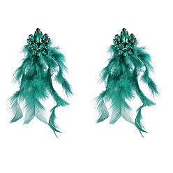 Green Exaggerated Alloy Inlaid Rhinestone Flower Long Feather Tassel Earrings for Women Bohemian Artistic Chic Ear Jewelry