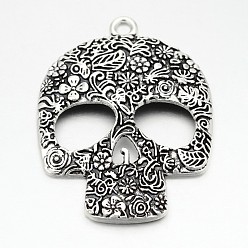Antique Silver Tibetan Style Alloy Big Pendants, Lead Free & Nickel Free & Cadmium Free, Sugar Skull, For Mexico Holiday Day of the Dead, Antique Silver, 66x49x6mm, Hole: 4mm, about 320pcs/5000g