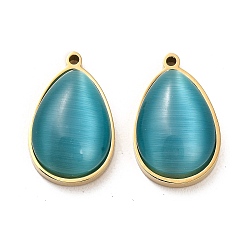 Turquoise 304 Stainless Steel Pendants, with Cat Eye, Teardrop Charms, Real 14K Gold Plated, Turquoise, 22.5x14.5x7mm, Hole: 1.5mm