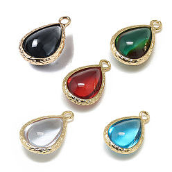 Mixed Color Glass Pendants, with Golden Tone Brass Findings, Drop, Mixed Color, 22x14x8mm, Hole: 1.5mm