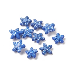 Royal Blue Handmade Polymer Clay Beads, Starfish with Flower Pattern, Royal Blue, 14~16x15~16.5x5.5~7mm, Hole: 1.8mm