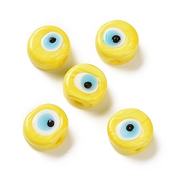 Yellow Handmade Evil Eye Lampwork Beads, Flat Round, Yellow, 11.5~12x5.5mm, Hole: 1~1.2mm