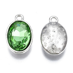 Light Green Alloy Glass Pendants, Faceted, Oval, Platinum, Cadmium Free & Lead Free, Light Green, 19x12x6mm, Hole: 1.8mm
