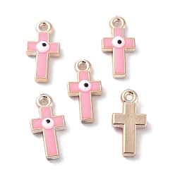 Pink CCB Plastic Enamel Pendants, Cross with Evil Eye, Pink, 21.5x11x4mm, Hole: 1.6mm