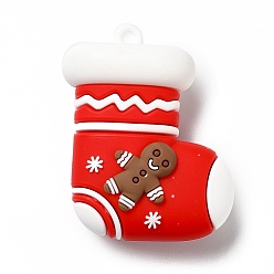 Red Christmas PVC Plastic Pendants, Christmas Sock with Gingerbread Man, Red, 44.5x36x18mm, Hole: 3mm