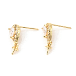Real 18K Gold Plated Rack Plating Brass Micro Pave Cubic Zirconia Stud Earring Finding, with Pinch Bails for Half Drilled Beads, Teardrop, Cadmium Free & Lead Free, Real 18K Gold Plated, 12x7x4.5mm, Pin: 0.6mm and 0.8mm