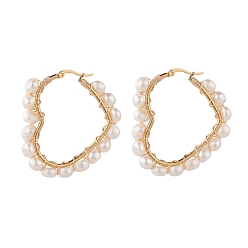 White Natural Pearl Wire Wrapped Heart Big Hoop Earrings for Women, Golden, White, 46x44.5x6.5mm, Pin: 0.7mm