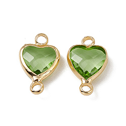 Peridot Transparent K9 Glass Connector Charms, Heart Links, with Light Gold Tone Brass Findings, Peridot, 14x8.5x3.7mm, Hole: 1.8mm