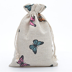 Butterfly Linenette Drawstring Bags, Rectangle, Butterfly Pattern, 18x13cm