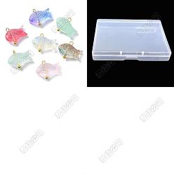 (52) Непрозрачная лаванда 100 шт. Прозрачные стеклянные подвески, окрашенные распылением, рыбы прелести, с фурнитурой позолоченной латунной, разноцветные, 12.5x15.5x5.5 мм, отверстие : 1.6 мм