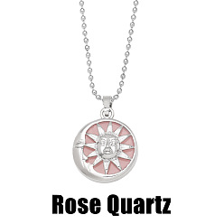 Rose Quartz Sun and Moon Pendant Necklace with Crystal & Agate for Women - Elegant Lock Collar Chain