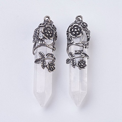 Quartz Crystal Natural Quartz Crystal Pointed Pendants, Rock Crystal Pendants, with Antique Silver Plated Brass Findings, Faceted, Bullet, Flower, 58~61x15~17mm, Hole: 5x7mm