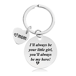 Stainless Steel Color Flat Round with Phrase Stainless Steel Pendant Keychain, Mother's Day Gift Keychain, Stainless Steel Color, 1cm