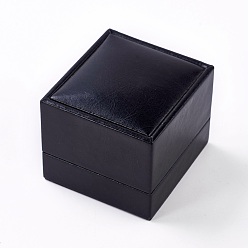 Black Plastic Jewelry Boxes, Covered with Imitation Leather, Rectangle, Black, 6x6.5x5cm