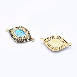 Golden Brass Micro Pave Cubic Zirconia Links, with Synthetic Opal, Eye, Golden, 21x12x2.5mm, Hole: 1mm