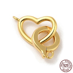 Real 18K Gold Plated Rack Plating 925 Sterling Silver Fold Over Clasps, Heart, with 925 Stamp, Real 18K Gold Plated, Heart: 9.5x12x1.5mm, Hole: 1.4mm, clasp: 10.5x8.5x2mm, Hole: 1.2mm