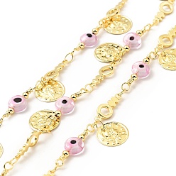 Pearl Pink Glass Flat Round with Enamel Evil Eye Beaded Chains, with Real 18K Gold Plated Brass Coin Charms Chains Link Chain, Lead Free & Cadmium Free, Soldered, with Spool, Pearl Pink, 19x6x3mm, 13x5x1mm