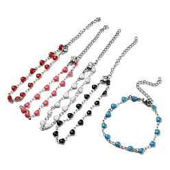 Mixed Color Stainless Steel Color 304 Stainless Steel Heart Link Chain Bracelet with Enamel, Mixed Color, 6-7/8 inch(17.5cm)