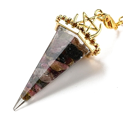 Турмалин Большие подвески-маятники с кусочками натурального турмалина и смолой, с реечной накладкой из латуни с золотистым напылением, без свинца и без кадмия, шестиугольный конус, 300~305 мм