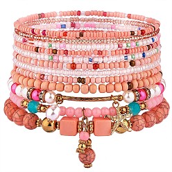 Pink 11Pcs Boho Seed Bead Stretch Bracelets Set, Multilayered Stackable Bracelets, Colorful Beaded Starfish Charm Bracelets for Women, Pink, 1-3/4~2-1/8 inch(4.5~5.5cm)