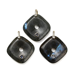 Larvikite Natural Larvikite Pendants, Rhombus Charms, with Brass Pave Cubic Zirconia Findings, Golden, 35~35.5x35~35.5x8~8.5mm, Hole: 5x6mm