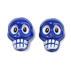 Blau Bedruckte Backfarbe, undurchsichtige Glasperlen, Schädel, Blau, 20x15x13 mm, Bohrung: 1.6 mm