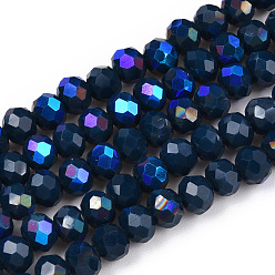 Prussian Blue Electroplate Opaque Solid Color Glass Beads Strands, Half Rainbow Plated, Faceted, Rondelle, Prussian Blue, 4x3mm, Hole: 0.4mm, about 123~127pcs/strand, 16.5~16.9 inch(42~43cm)