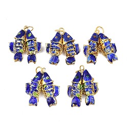 Полуночно-синий Латунные перегородчатые подвески, подвески в виде золотых рыбок с кольцами для прыжков, золотые, темно-синий, 27~28.5x23~25x7.5~9 мм, отверстие : 6 мм