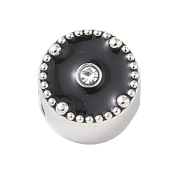 Черный 304 нержавеющая сталь, эмаль, европейские бусины со стразами, бусины с большим отверстием, плоско-круглые, чёрные, 10x7.5 мм, отверстие : 4.5 мм