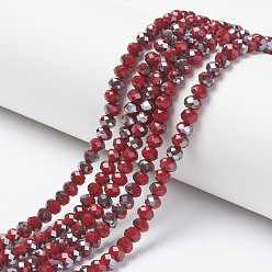Dark Red Electroplate Opaque Glass Beads Strands, Half Gray Plated, Faceted, Rondelle, Dark Red, 4x3mm, Hole: 0.4mm, about 123~127pcs/strand, 16.5~16.9 inch(42~43cm)